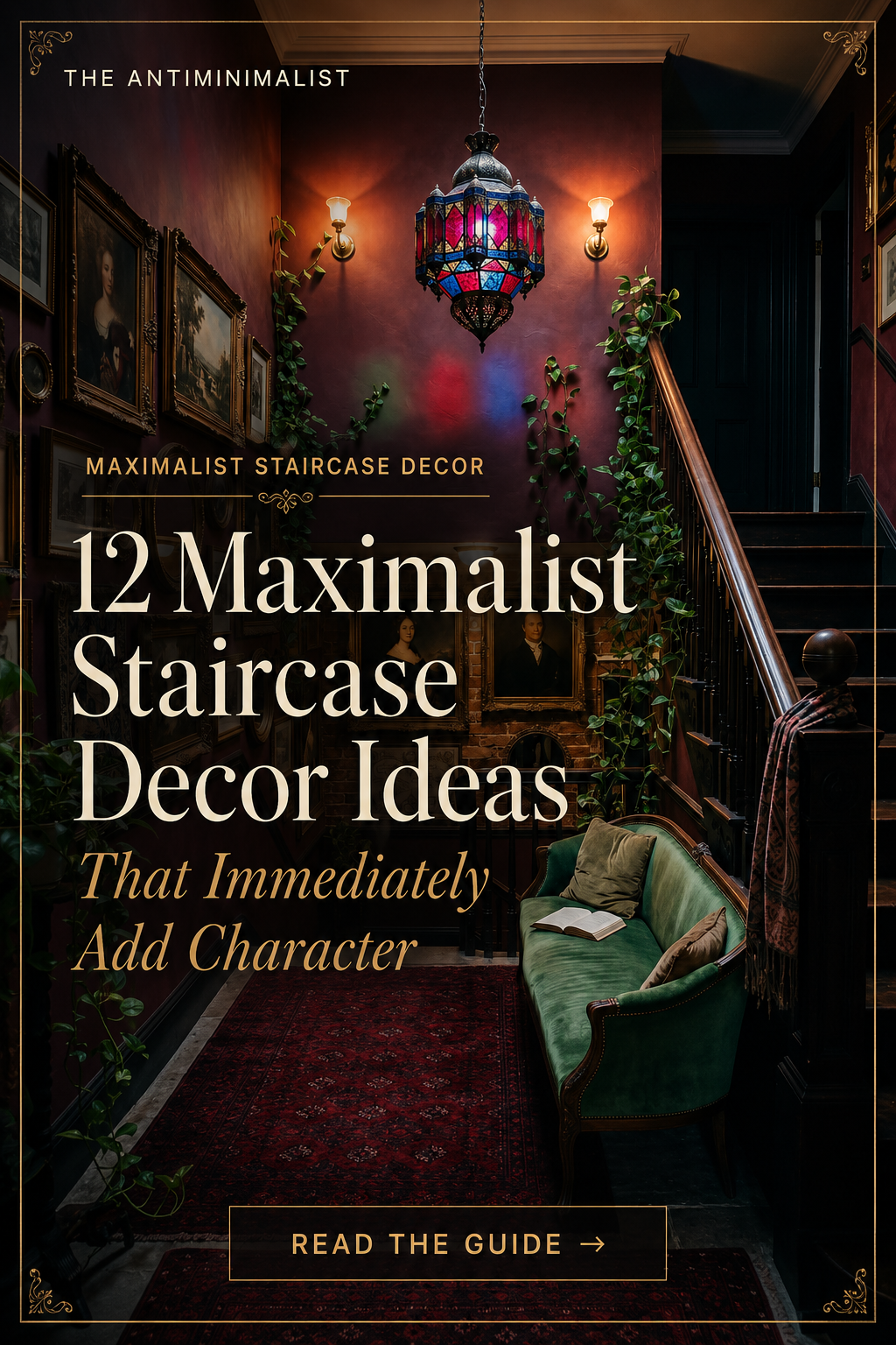 dark staircase decor ideas, staircase decor ideas, dark staircase gallery wall, moody staircase ideas, staircase chandelier, maximalist stairwell, dark academia staircase
