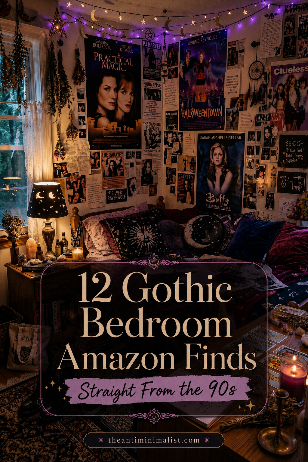 Moody 90s-inspired gothic bedroom with witchy wall posters, purple string lights, celestial bedding, tarot cards, crystals, candles, and cozy maximalist decor. Text overlay reads “12 Gothic Bedroom Amazon Finds Straight From the 90s.