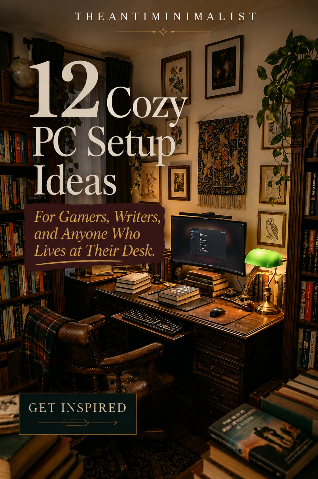12 Cozy PC set ups featuring a small dark academia set up.