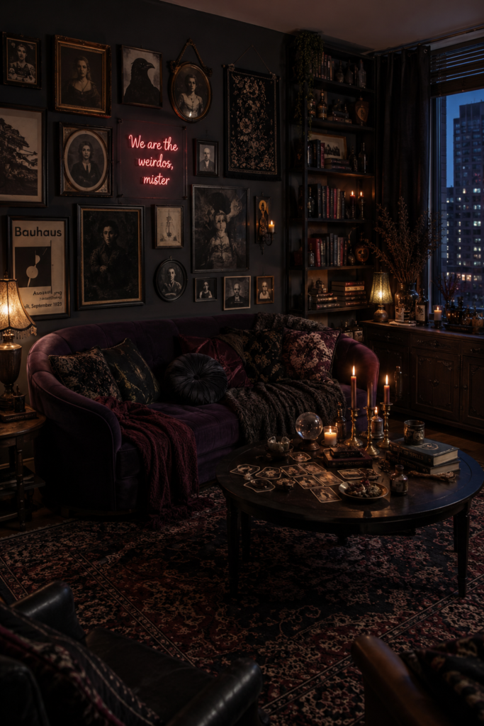 gothic living room with gallery wall of Victorian portraits in mismatched gilt frames and purple velvet sofa